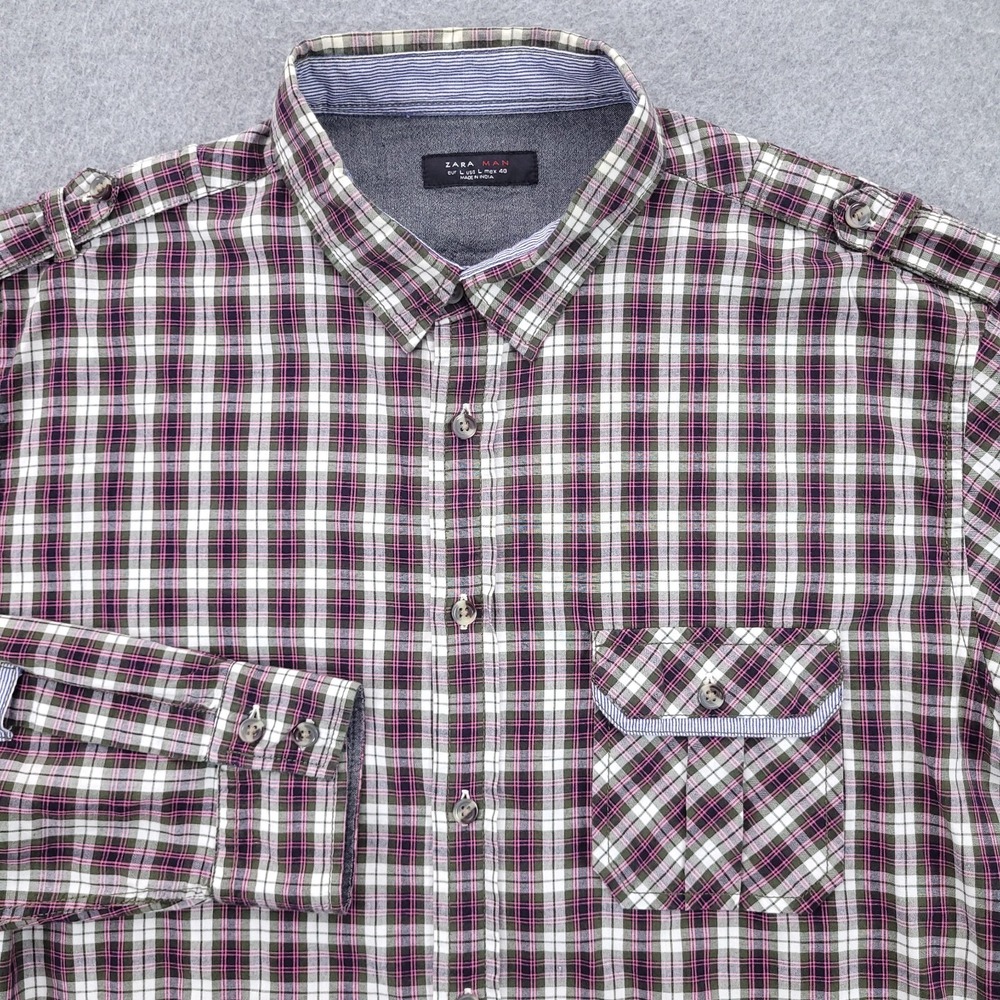 Zara Man Shirt Mens Large Slim Fit Pink White Tartan Plaid Epaulettes Button Up